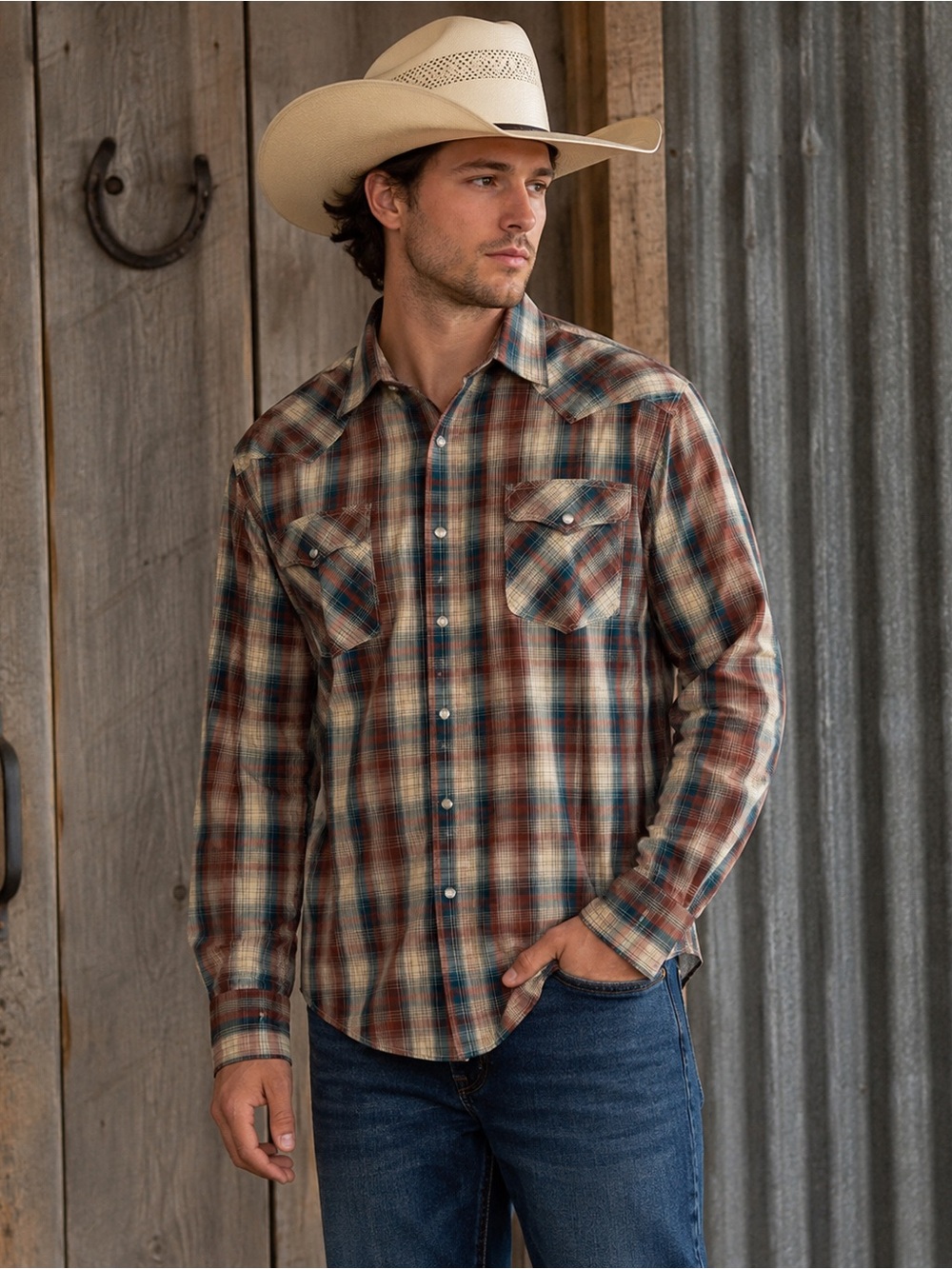 Cody James Men’s Small Western Plaid Pearl Snap Shirt Brown Teal